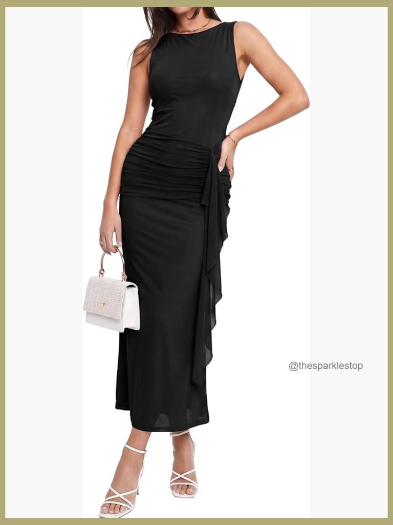 Sleeveless Bodycon Maxi Dress Ruched Mesh Cocktail Party Dress